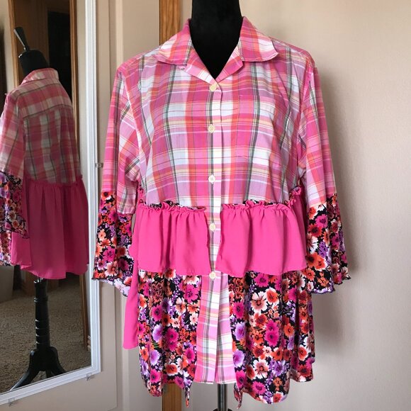 Handmade Upcycled Boho Tunic, Size Large: Pink Ruffled Patchwork Top - Picture 6 of 13